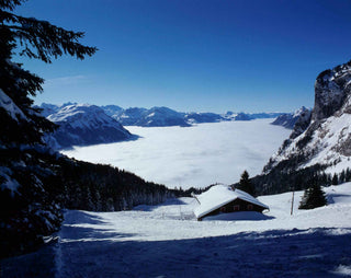 Vista sulla valle a Schwytz con chalet svizzero